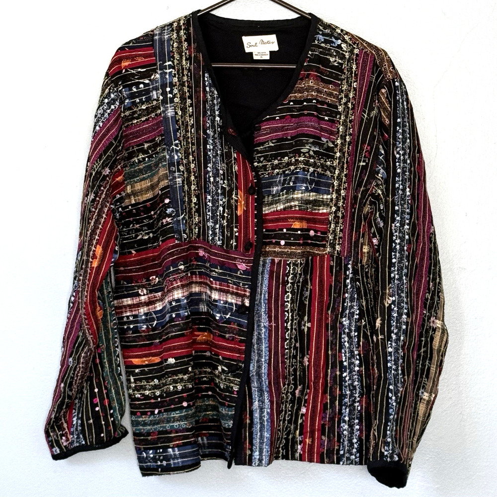 Soul Mates Vintage Jacket XL Patchwork Rayon Striped Art to Wear Artisan Boho